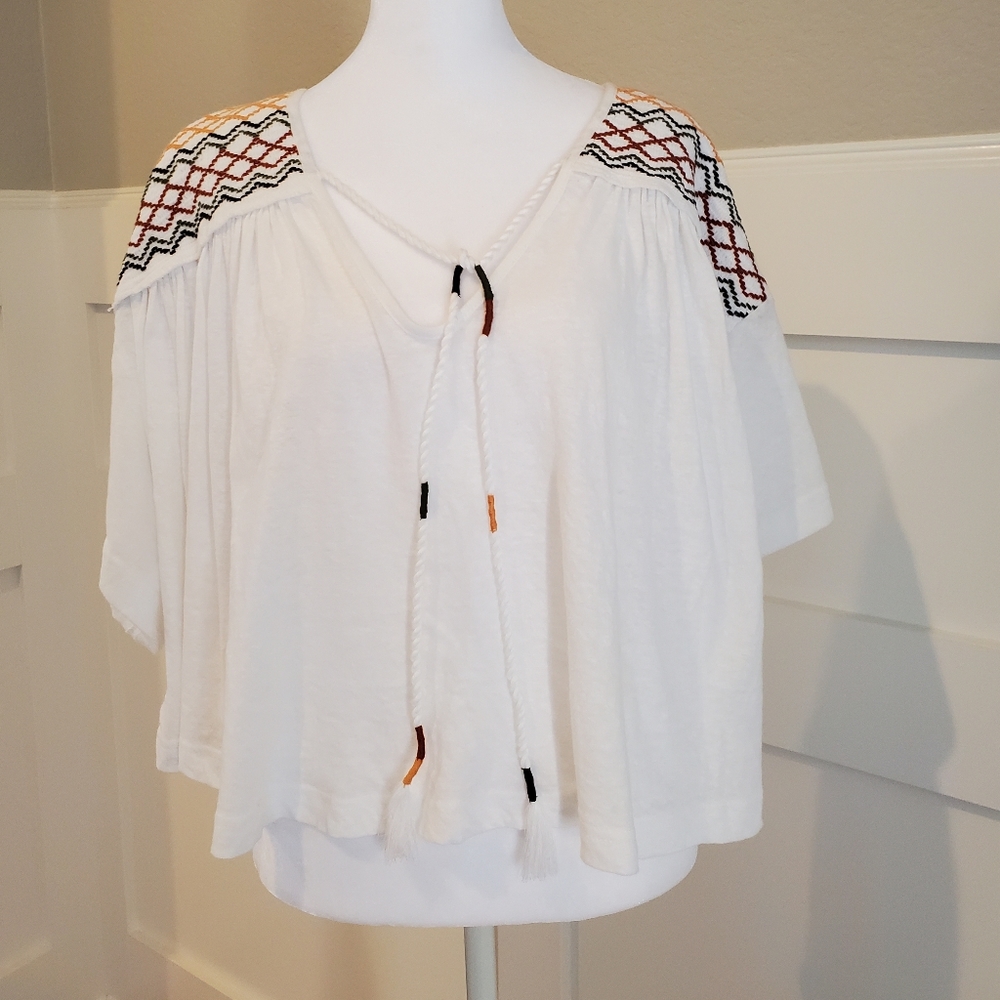 Free People White Embroidered Peasant Top